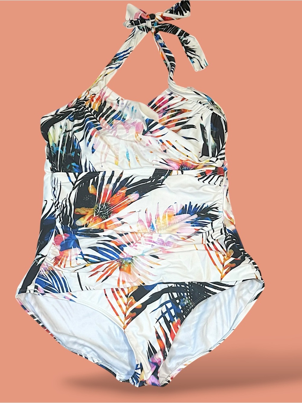 Tropical Floral Halter One-Piece Swimsuit - White/Multi